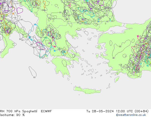 Humidité rel. 700 hPa Spaghetti ECMWF mar 28.05.2024 12 UTC