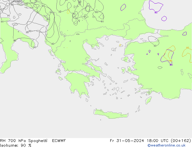 RH 700 hPa Spaghetti ECMWF Fr 31.05.2024 18 UTC