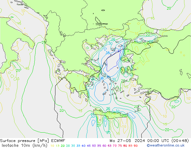 Isotachs (kph) ECMWF Mo 27.05.2024 00 UTC