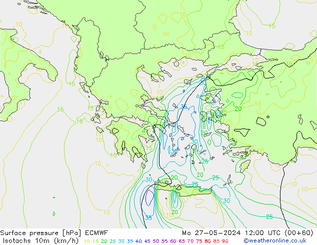 Izotacha (km/godz) ECMWF pon. 27.05.2024 12 UTC