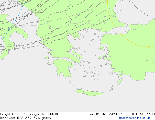 Height 500 hPa Spaghetti ECMWF  02.06.2024 12 UTC