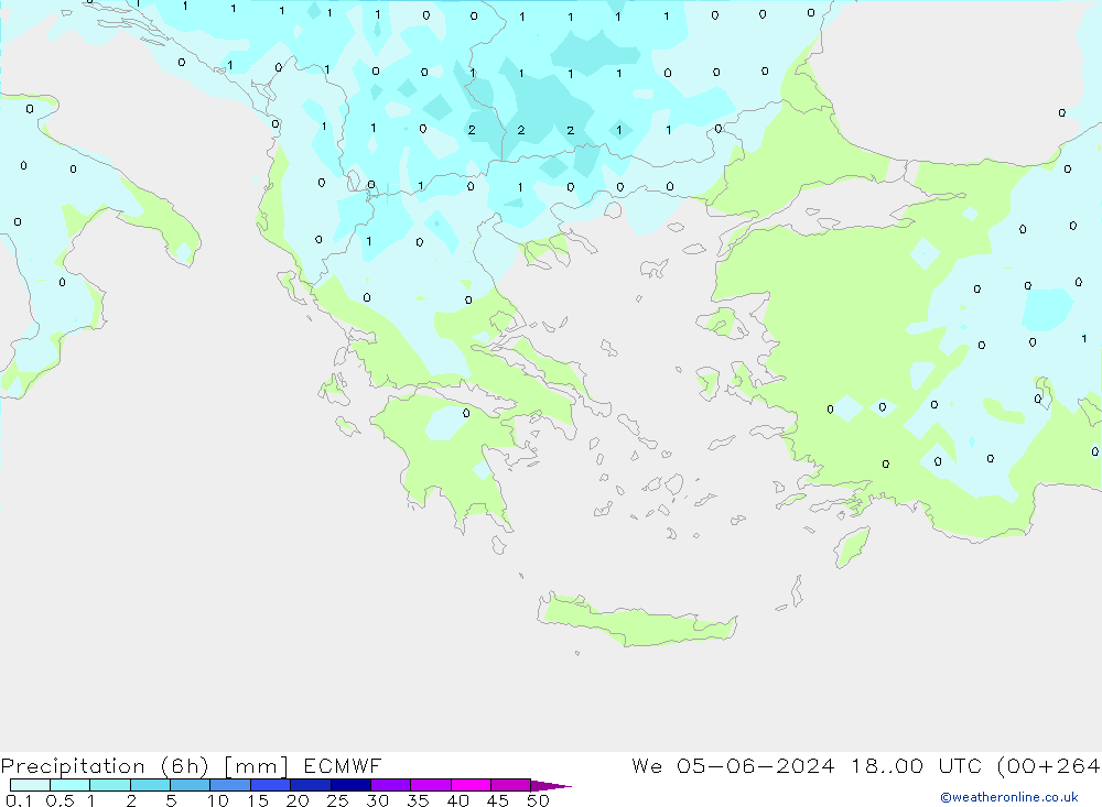 Totale neerslag (6h) ECMWF wo 05.06.2024 00 UTC