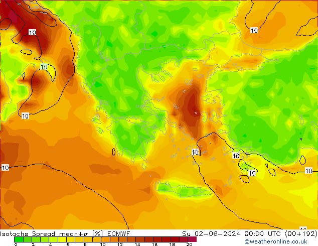 Izotacha Spread ECMWF nie. 02.06.2024 00 UTC