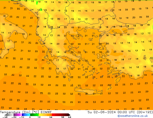 Temperature (2m) ECMWF Ne 02.06.2024 00 UTC