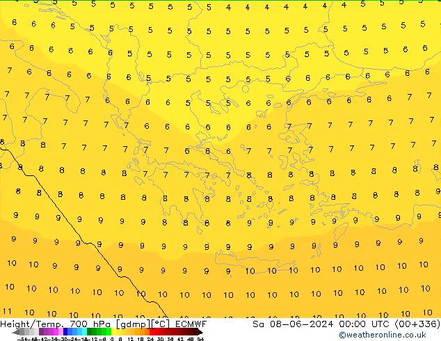 Geop./Temp. 700 hPa ECMWF sáb 08.06.2024 00 UTC