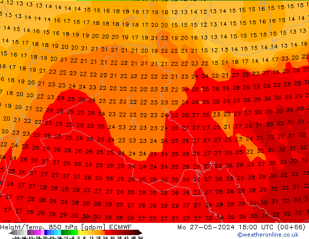 Géop./Temp. 850 hPa ECMWF lun 27.05.2024 18 UTC