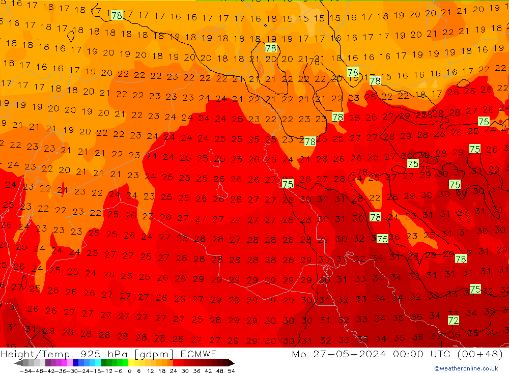 Height/Temp. 925 hPa ECMWF  27.05.2024 00 UTC