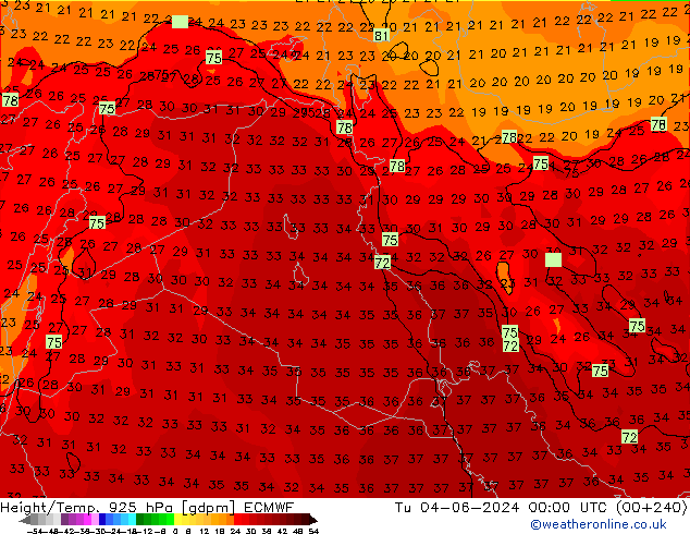 Height/Temp. 925 hPa ECMWF Tu 04.06.2024 00 UTC