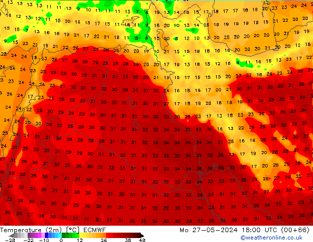 Temperature (2m) ECMWF Mo 27.05.2024 18 UTC