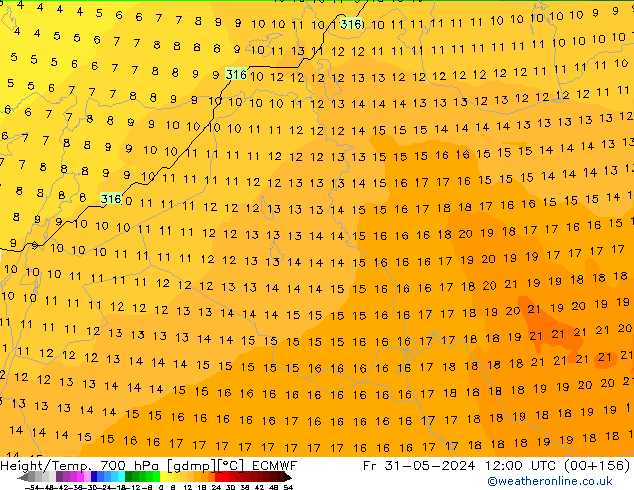 Hoogte/Temp. 700 hPa ECMWF vr 31.05.2024 12 UTC