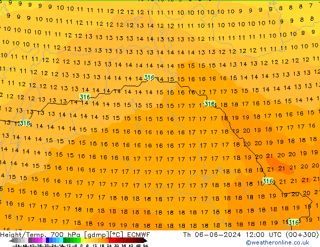 Height/Temp. 700 hPa ECMWF gio 06.06.2024 12 UTC