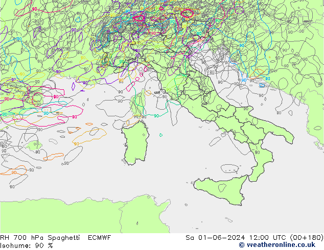 RH 700 hPa Spaghetti ECMWF Sa 01.06.2024 12 UTC