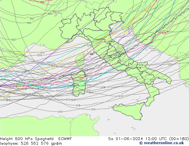 Height 500 hPa Spaghetti ECMWF Sa 01.06.2024 12 UTC