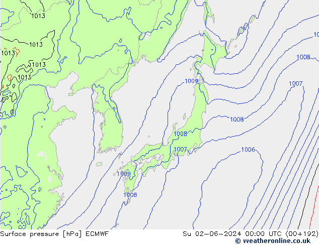 Presión superficial ECMWF dom 02.06.2024 00 UTC