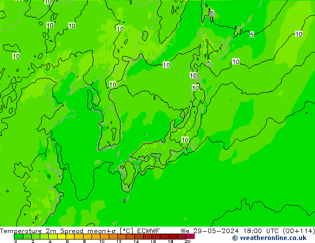 Temperatura 2m Spread ECMWF mié 29.05.2024 18 UTC