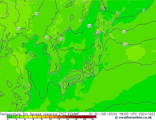 Temperature 2m Spread ECMWF Fr 31.05.2024 18 UTC