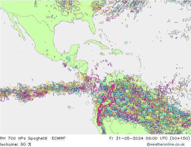 RH 700 гПа Spaghetti ECMWF пт 31.05.2024 06 UTC