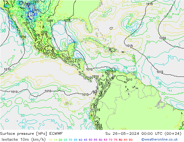 Isotachs (kph) ECMWF Ne 26.05.2024 00 UTC