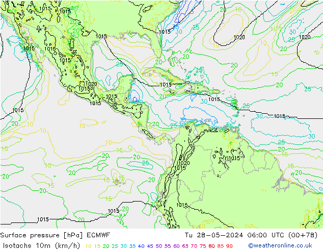 Isotachs (kph) ECMWF Tu 28.05.2024 06 UTC