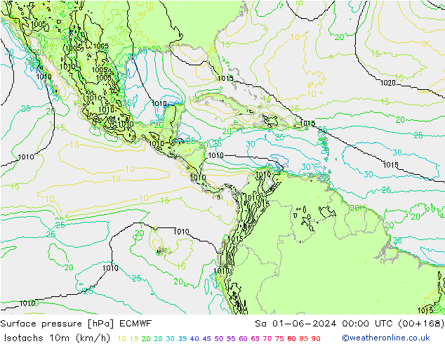 Isotachen (km/h) ECMWF za 01.06.2024 00 UTC