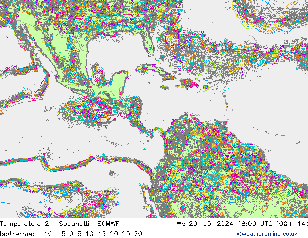 Temperatura 2m Spaghetti ECMWF mié 29.05.2024 18 UTC