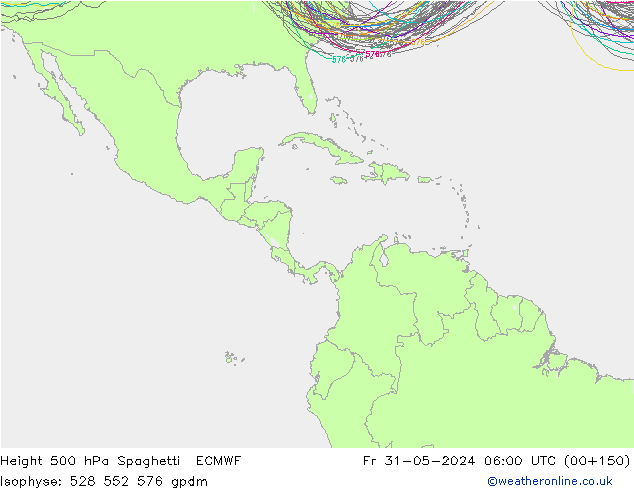 Height 500 гПа Spaghetti ECMWF пт 31.05.2024 06 UTC