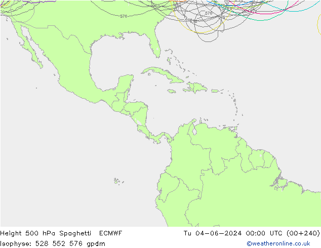 Height 500 hPa Spaghetti ECMWF Út 04.06.2024 00 UTC