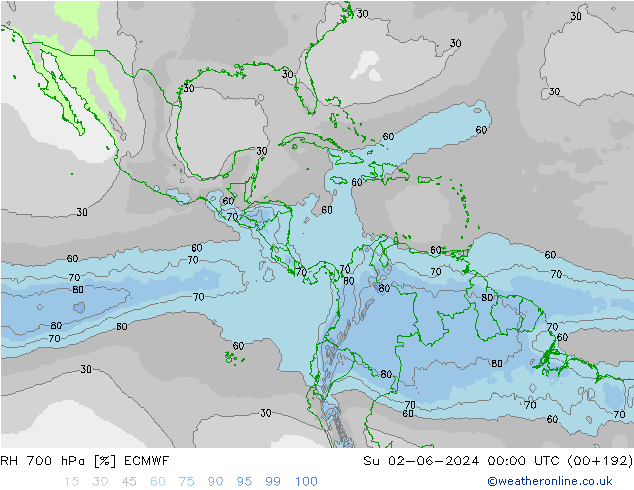 RH 700 hPa ECMWF Dom 02.06.2024 00 UTC