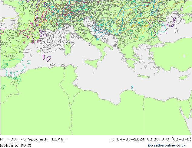 RH 700 hPa Spaghetti ECMWF mar 04.06.2024 00 UTC