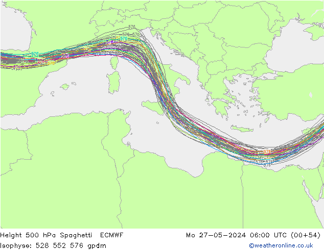 Height 500 hPa Spaghetti ECMWF lun 27.05.2024 06 UTC