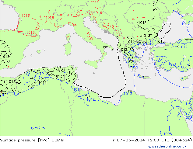 Presión superficial ECMWF vie 07.06.2024 12 UTC