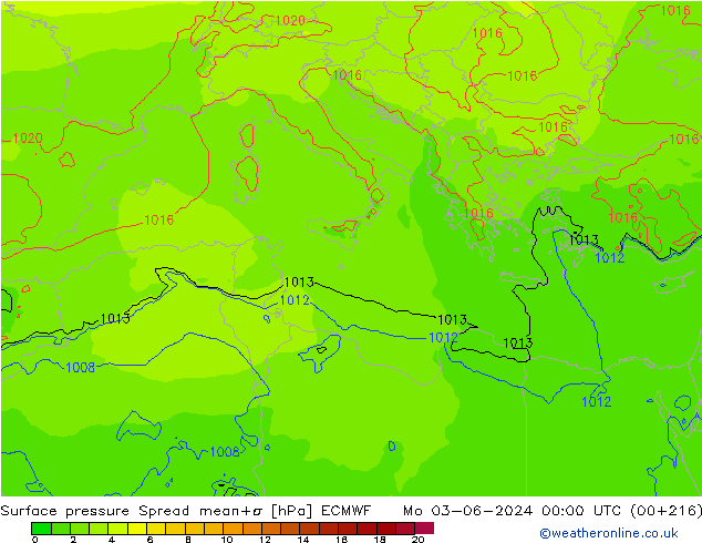 Surface pressure Spread ECMWF Mo 03.06.2024 00 UTC