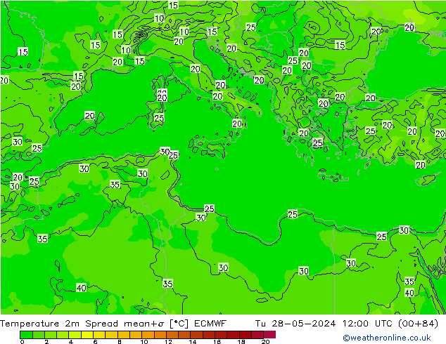 Temperatura 2m Spread ECMWF Ter 28.05.2024 12 UTC