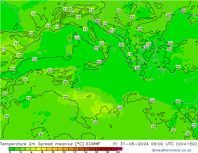 Temperatuurkaart Spread ECMWF vr 31.05.2024 06 UTC