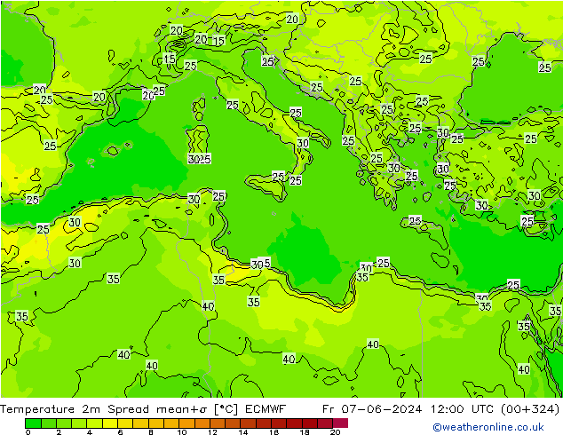 карта температуры Spread ECMWF пт 07.06.2024 12 UTC