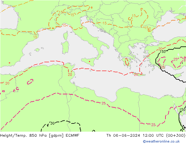 Height/Temp. 850 hPa ECMWF Th 06.06.2024 12 UTC