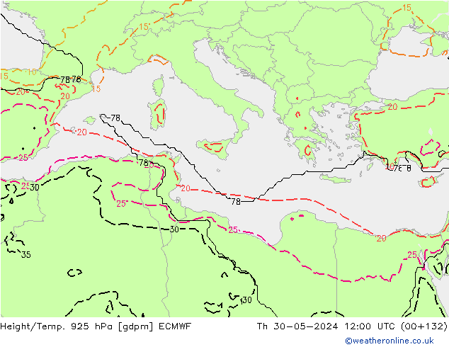 Height/Temp. 925 hPa ECMWF Th 30.05.2024 12 UTC