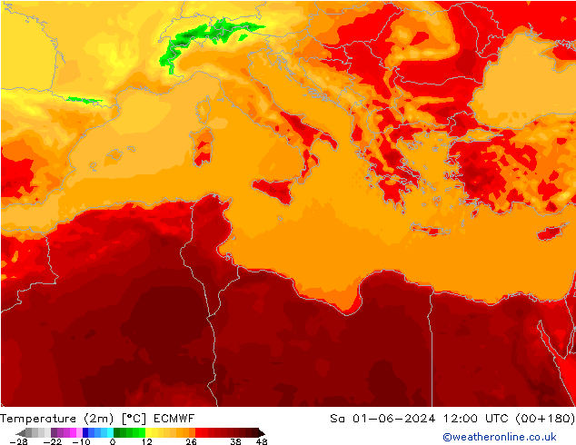 mapa temperatury (2m) ECMWF so. 01.06.2024 12 UTC