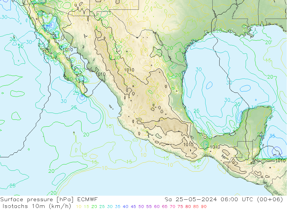 Isotachs (kph) ECMWF  25.05.2024 06 UTC