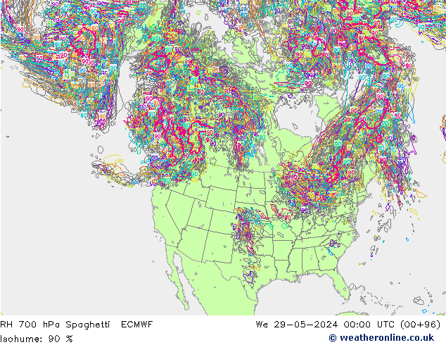 Humidité rel. 700 hPa Spaghetti ECMWF mer 29.05.2024 00 UTC