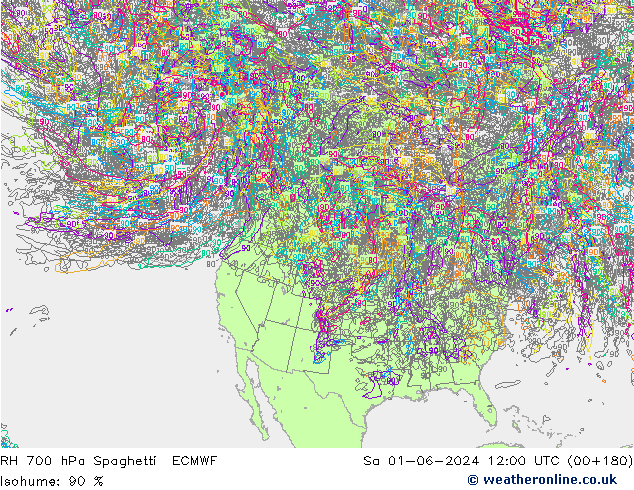 RH 700 hPa Spaghetti ECMWF sab 01.06.2024 12 UTC