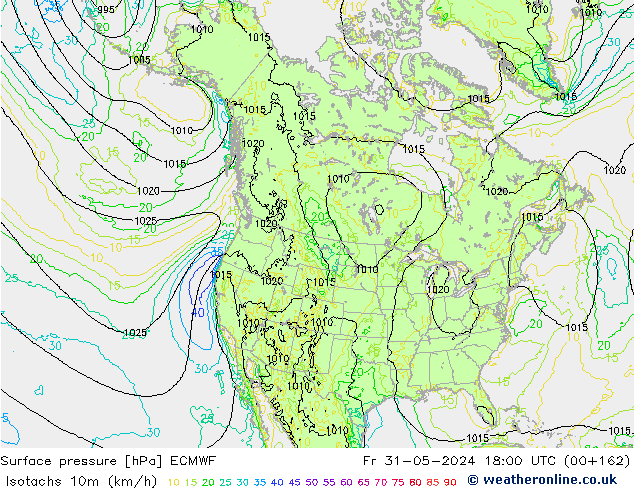 Isotachen (km/h) ECMWF vr 31.05.2024 18 UTC