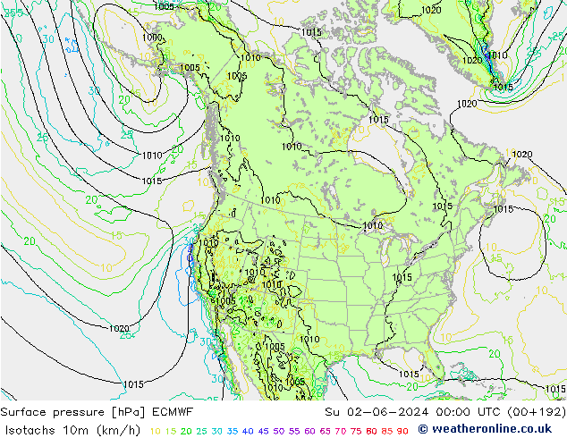 Isotachs (kph) ECMWF Su 02.06.2024 00 UTC