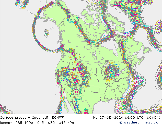 Presión superficial Spaghetti ECMWF lun 27.05.2024 06 UTC