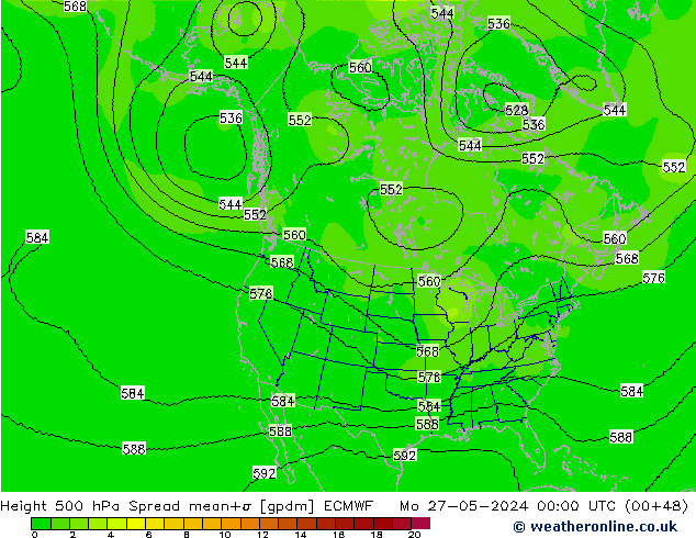 Height 500 гПа Spread ECMWF пн 27.05.2024 00 UTC