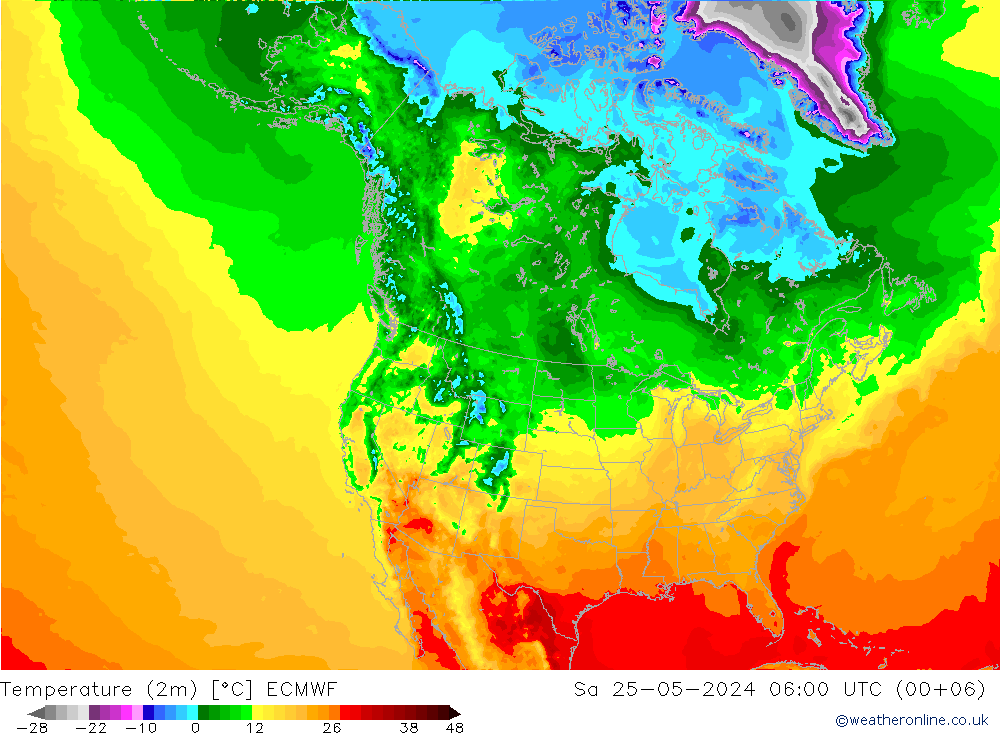 mapa temperatury (2m) ECMWF so. 25.05.2024 06 UTC