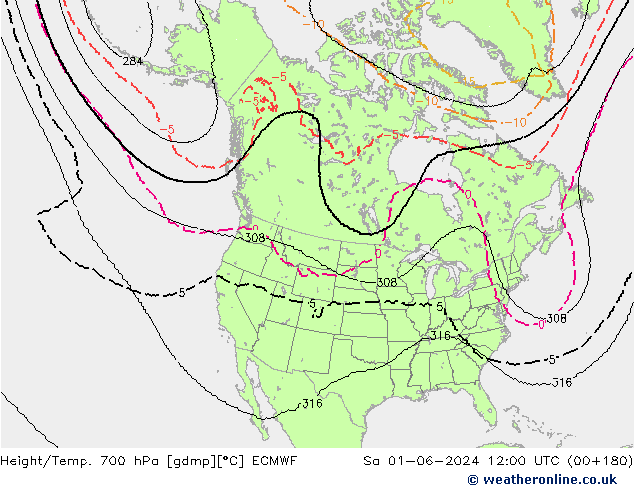 Geop./Temp. 700 hPa ECMWF sáb 01.06.2024 12 UTC