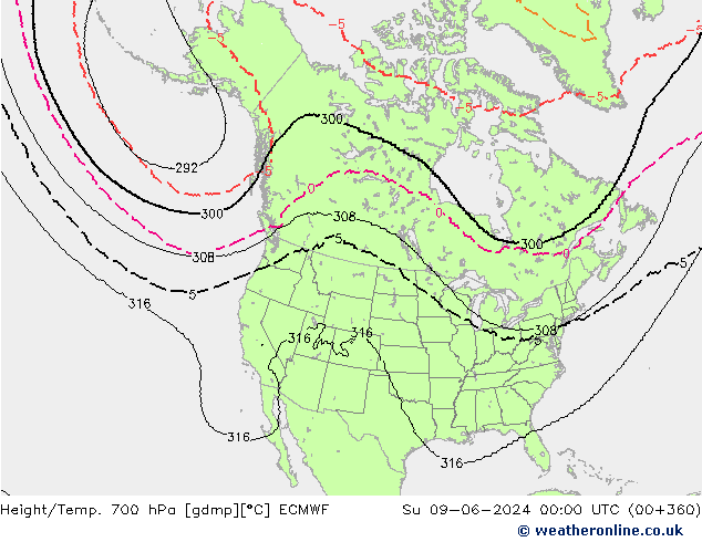 Hoogte/Temp. 700 hPa ECMWF zo 09.06.2024 00 UTC