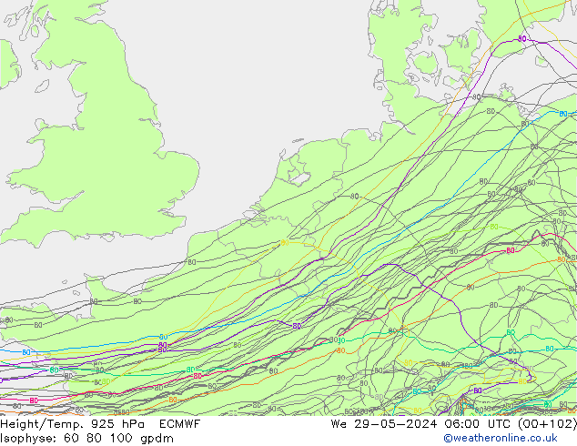 Géop./Temp. 925 hPa ECMWF mer 29.05.2024 06 UTC