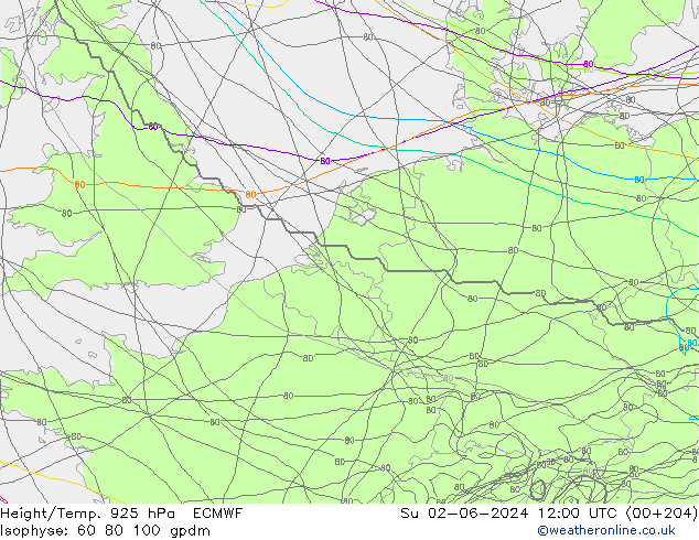 Height/Temp. 925 hPa ECMWF Ne 02.06.2024 12 UTC